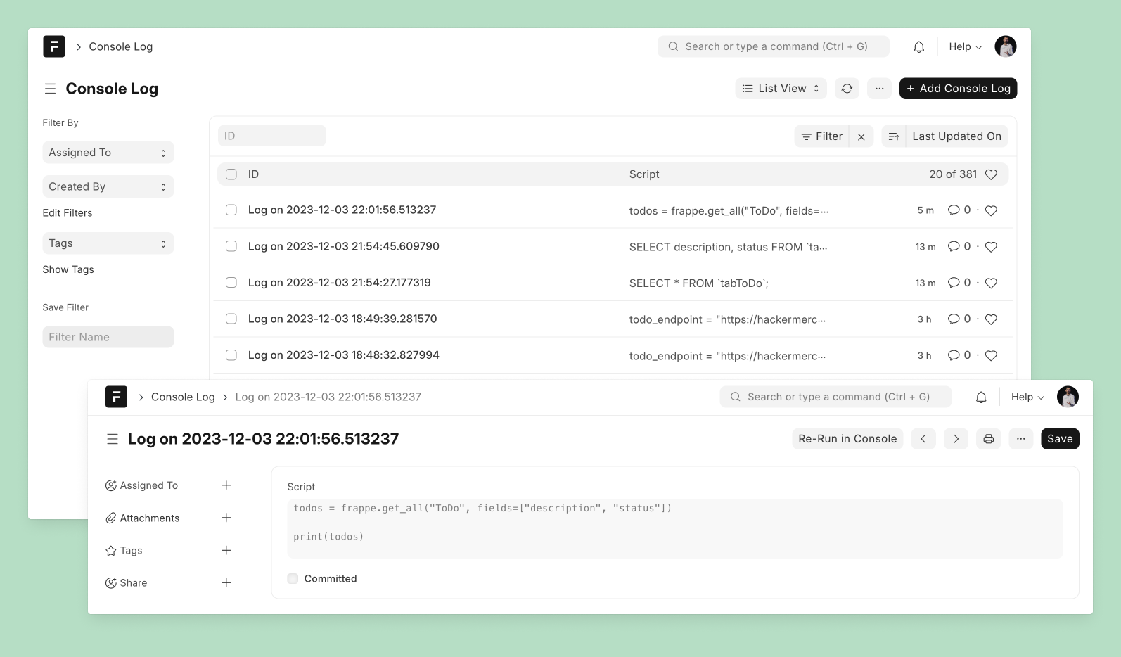 Console Log feature of System Console